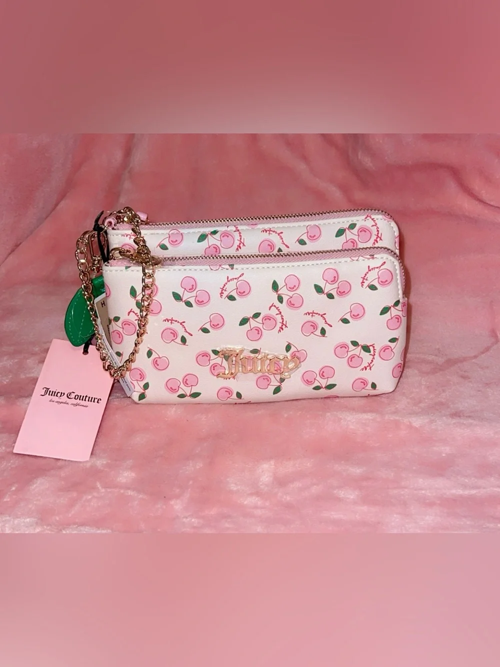 Juicy Couture Light Pink Cherry Wallet with Gold Logo and Pink Cherry Keychain